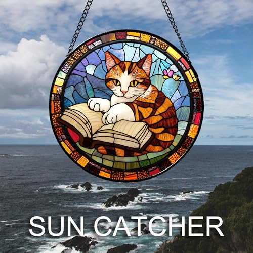 Image of DASTOLL Stained Glass Window Hanging Little Cat Reading Large 15 inch - Suncatcher Door Garden Kitchen Sunroom Sun Catcher Home Decor Birthday for Lost Pets Mom Grandma Men Woman Friend