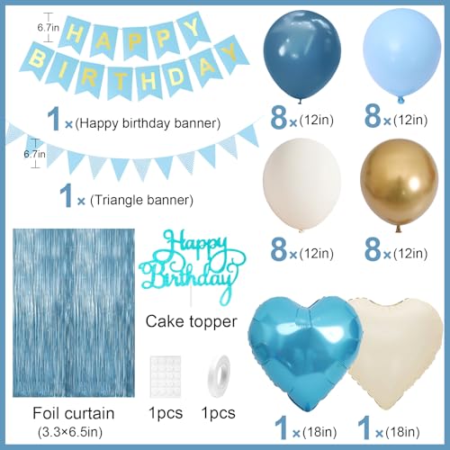 Image of Blue Birthday Decorations, Dusty Blue White Sand Gold Birthday Balloons Set