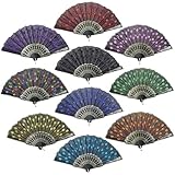 INNOLIFE Elegant Colorful Embroidered Flower Peacock Pattern Sequin Fabric Folding Handheld Hand Fan Hand-crafted (Full Set - 10pcs Mixed Colors) and 8 carrying pouches