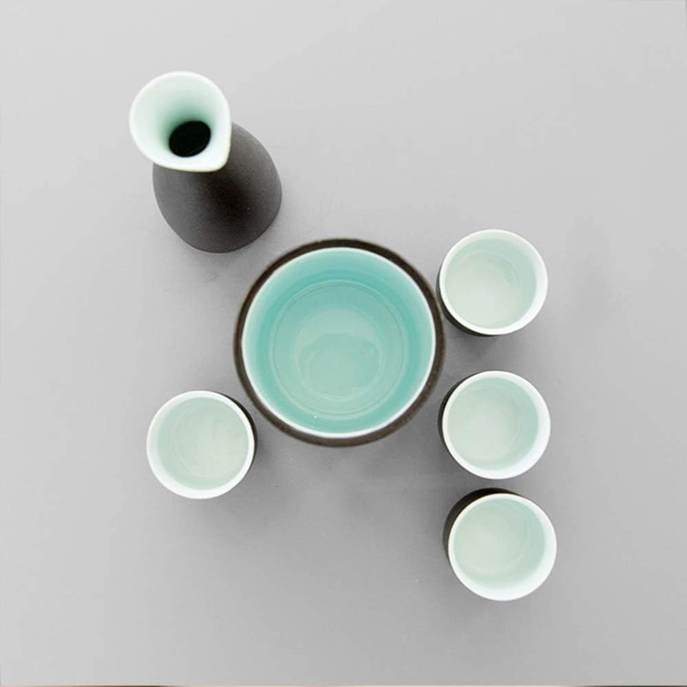 7-Piece Japanese Sake Set Ceramic Black Glaze Surface Cyan Inner Wall Sake Set with Warmer Pot and Candle Stove for Cold/Warm/Shochu/Tea