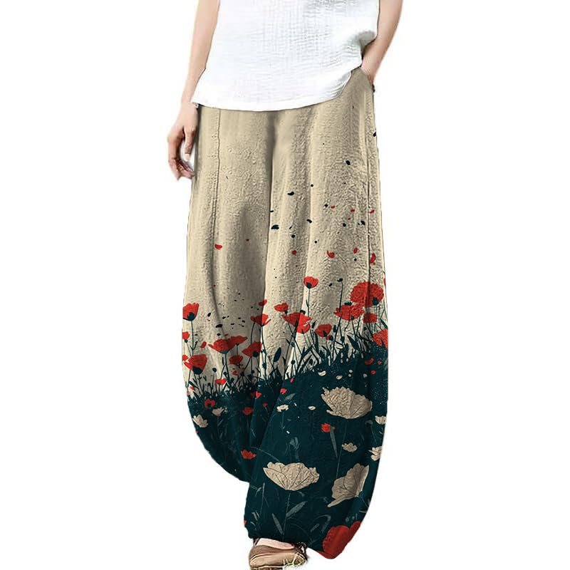 Womens Pants Cotton Linen Summer Casual Streetwear Boho Floral Print Elastic Waist Pants High Waist Plus Size Comfy