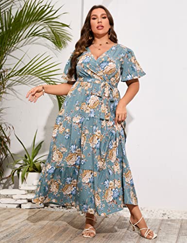 Image of ShopWonder Womens Plus Size V Neck Wrap Maxi Dress High Waist Ruffle Summer Casual Dress with Belt