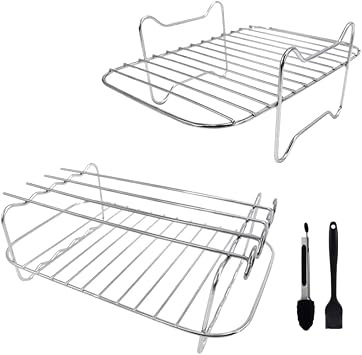 Air Fryer Rack for Dual Air Fryer, 2-Piece Rack with 4 Skewers, Brush and Clips, for Double Basket Air Fryers