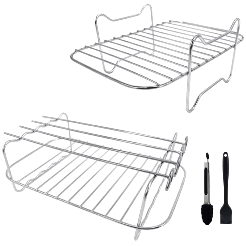 Bloepum Air Fryer Rack for Dual Air Fryer, 2-Piece Rack with 4 Skewers, Brush and Clips, for Double Basket Air Fryers