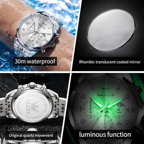 Image of OLEVS Watch for Men Luxury Gold Diamond Chronograph Business Wristwatch with Analog Quartz, Date Calendar, Stainless Steel Band, Luminous Hands, Waterproof