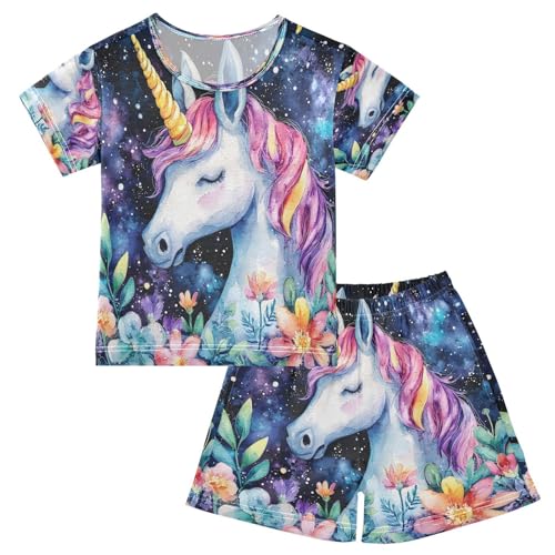 ALAZA Flower Unicorn Leaf Blossom Pajamas Set Short Sleeve Cotton Sleepwear Summer Pjs 2 Piece 5-14Y