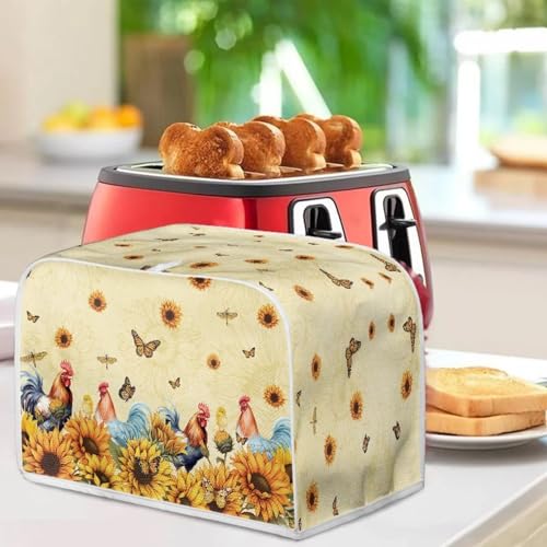 Image of Talayituse Rooster Chicken Print 2 Slice Toaster Cover Dust Protection Sunflower Butterfly Dragonfly Bread Maker Cover Toaster Oven Cloth Cover Kitchen Accessories Washable Appliance Cover with Handle