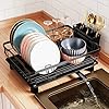 GSlife Dish Drying Rack with Drainboard - Dish Racks for Kitchen Counter with Swivel Spout, Dish Rack with High Feet Tray and Removable Utensil Holder, Black