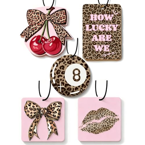 Cheetah Print 5pcs Car Air Freshener Bow Coquette Leopard Print Car Accessories Automotive Interior Hanging Scents Mirror Decor for Women Teen Girls