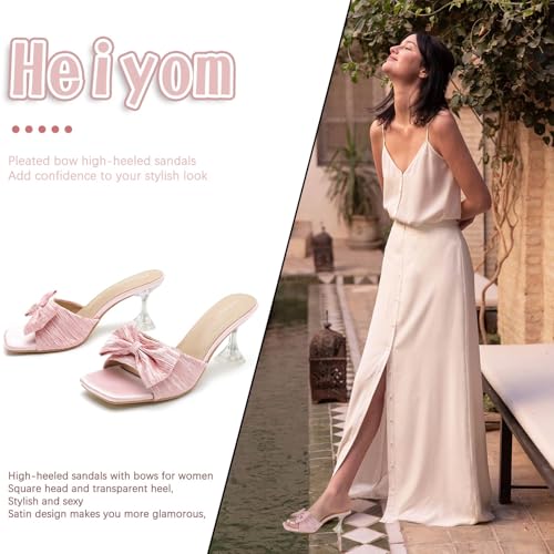 Women's Bowknot Heeled Sandals Square Toe Pleated Bow Heels Slippers Stilettos Mules Slip on Wedding Party Dress Shoe2