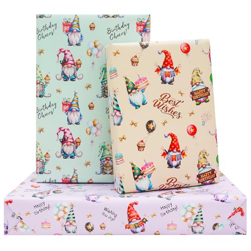 AircooL Gnome Birthday Wrapping Paper Cute Gnome Happy Birthday with Cake Gift Wrapping Paper 6 Sheets Foled Flat 20x28 Inches per Sheet Gnome Gift Wrap for Kids Boys Girls Birthday Anniversarie