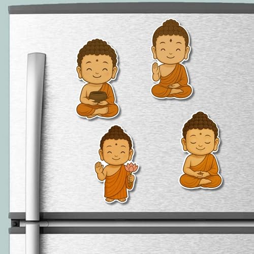 Image of Regalo Casila Buddha Fridge Magnet Set Cute Monk Cartoon Style Meditating Spiritual Fridge Dcor Gift for Home Zen Lovers 4 Pc