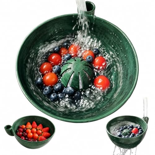 FOWSRHRG Self Spinning Berry Washing Bowl 3D Printed Craftsmanship Fruit Washer with Drain Holes Central Flow Pedestal Design Multi Purpose Use Berry Washer for Kitchen Vegetable and Fruit (Green)