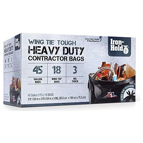 Iron-Hold Contractor Trash Bags - 45 Gallon, 18 Bags, Wing Tie Closure, 3 MIL Thick, Gusseted Bottom, Black - Heavy Duty Industrial Strength Garbage Bags Cover