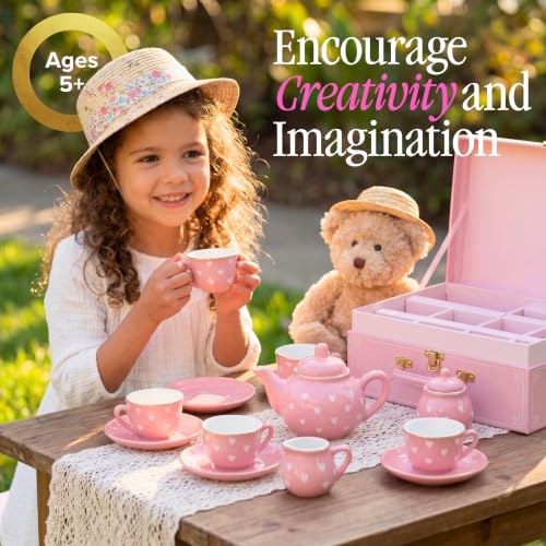 Image of Giggle & Honey Pink Heart Tea Party Set for Little Girls, Porcelain Kids Tea Set with Carry Case, Teapot Cups & Saucers, Princess Pretend Play Gifts for Girls 3, 4, 5, 6, 7, 8 Years