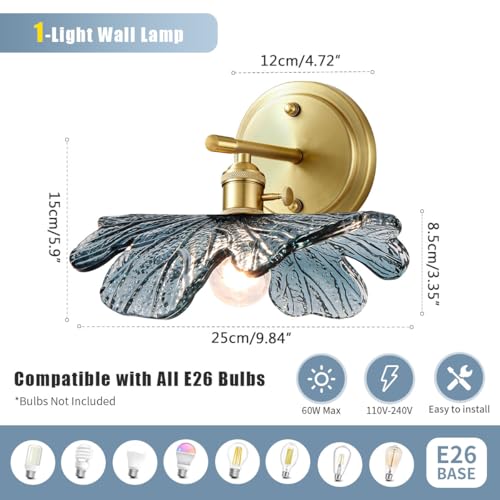 Image of Vintage Wall Sconces Set of 2 Blue Flower Glass Shade Gold Brass Base Bathroom Vanity Lights Over Mirror Mid Century Modern Wall Lighting Fixtures for Bedroom Hallway Living Room