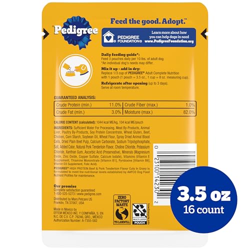 Image of Pedigree High Protein Wet Dog Food Pouch, Beef & Pork, 3.5 oz, 16 Count