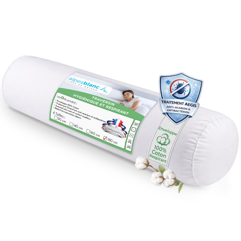 Alpes Blanc Traversin Anti-Acariens 180 cm – Enveloppe 100% Coton Respirant | Anti-bactérien & anti-moisissures • Garnissage & confort moelleux • Lavable à 40°C • Fabriqué en France
