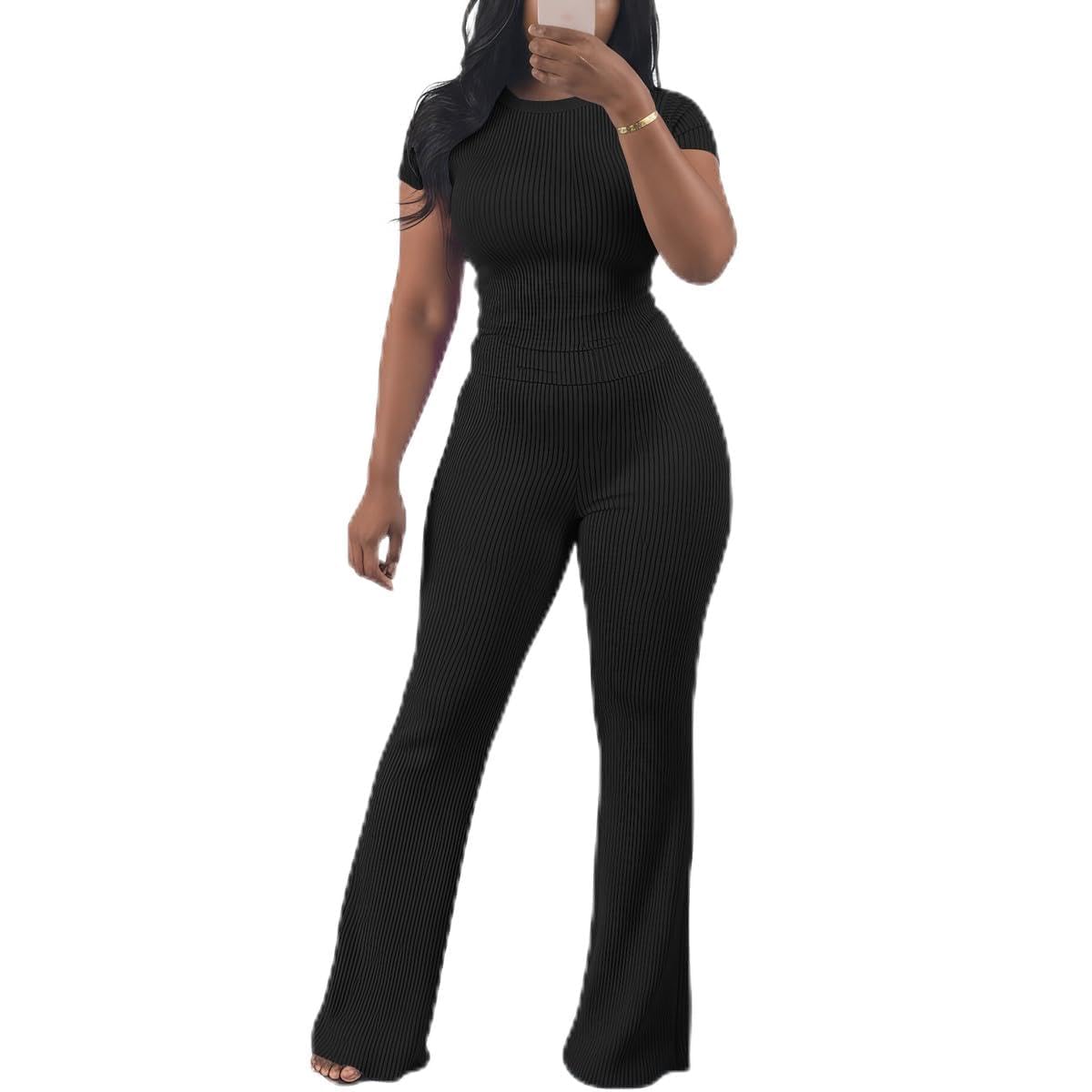 Women’s 2 Piece Outfit Ribbed Short Sleeve V Neck Polo Top Flare Pants Casual Lounge Sets Tracksuit-image-38