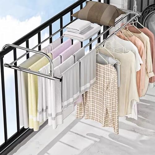 物干し 折りたたみ ベランダ物干しステンレス 伸縮可能 ベランダ用物干し 洗濯物干し 引っ掛けタイプ 乾燥ラック バスタオルハンガー 壁掛け式 ベランダラック 手すり 洗濯ハンガー 省スペース 室内 屋外 物干し台 花台 隙間収納 (86-158cm)