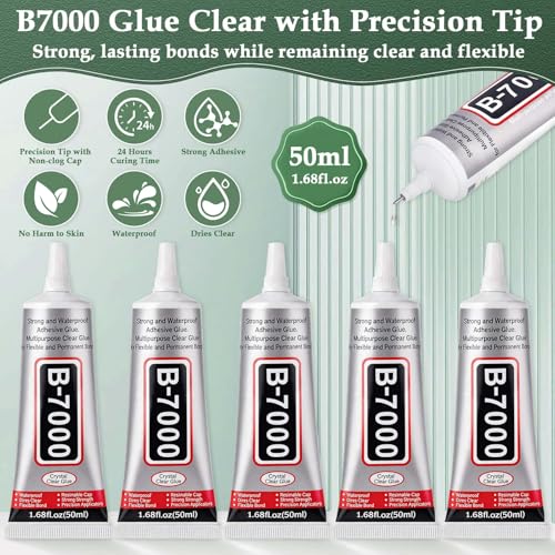 Image of B7000 Glue Clear with Precision Tip for Rhinestones, 5Pcs 50mL /1.68 fl oz | Strong Adhesive Jewelry Bead Gem Glue, Quick Dry Bedazzling Glue for Jewelry Making Repair Fabric Clothes Shoes DIY Crafts