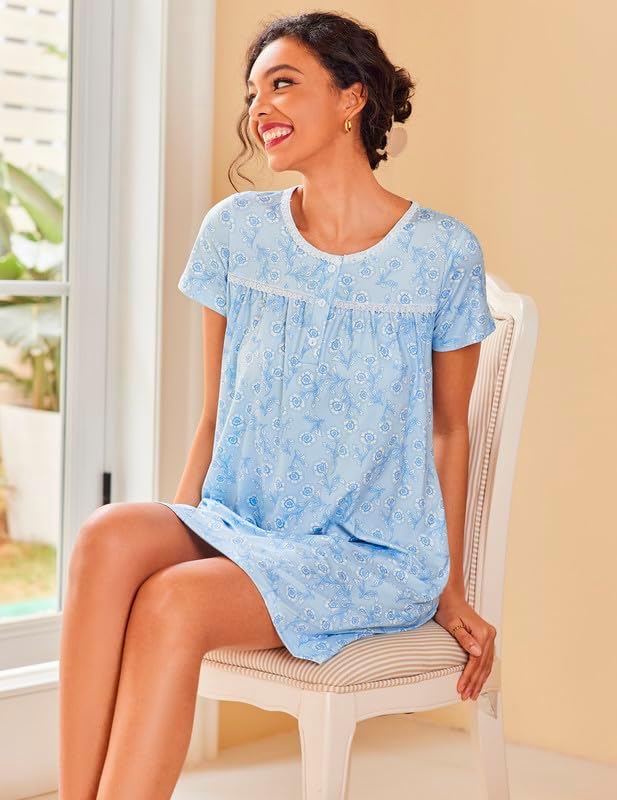Ekouaer Women Nightgowns Short Sleeve Sleepwear Soft Pajama Dress Sleep Shirt Nightshirt S-2XL - Image 5