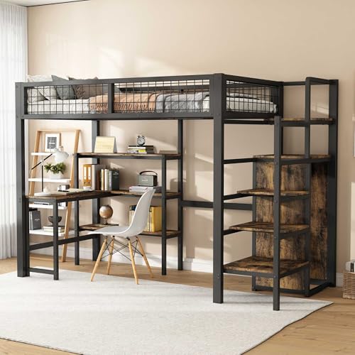 NIUAWASA Cama alta con varios estantes y armario empotrado, diseño LOFT que ahorra espacio en negro - Sin colchón (90 x 200 cm)