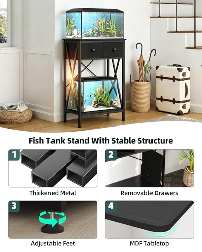 Image of Fish Tank Stand for 5-10 Gallon Fish Tank: Aquarium Stand with Power Outlet - Metal 10 Gallon Tank Stand with Cabinet Drawer Storage for Turtle Tank, Reptile Terrarium (Black, 220LBS Capacity)
