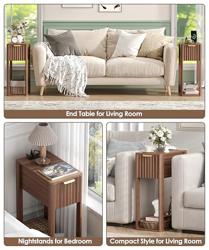 Image of Akxomel Narrow Nightstand Set 2 with Charging Station Fluted Table Walnut