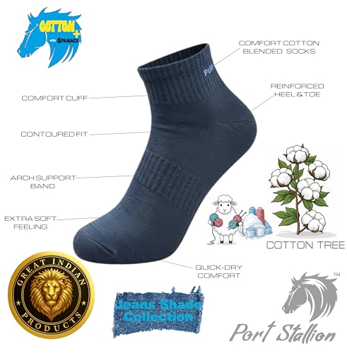 Image of Cotton Blend Mid-Ankle Socks for Men & Women | Arch Support, Reinforced Heel & Toe, Quick-Dry, Sports & Everyday Wear | Jeans Assorted Colours | Pack of 5