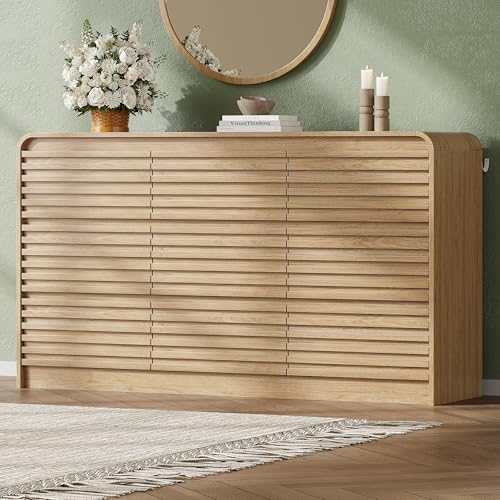 Image of 9 Drawer Dresser for Bedroom,59 inch Wide Fluted Dresser with Curved Edge and Ergonomic Handleless, Large Wooden Clothes Storage Organizer, Modern Chest of Drawers for Closet, Living Room, Natural Wood