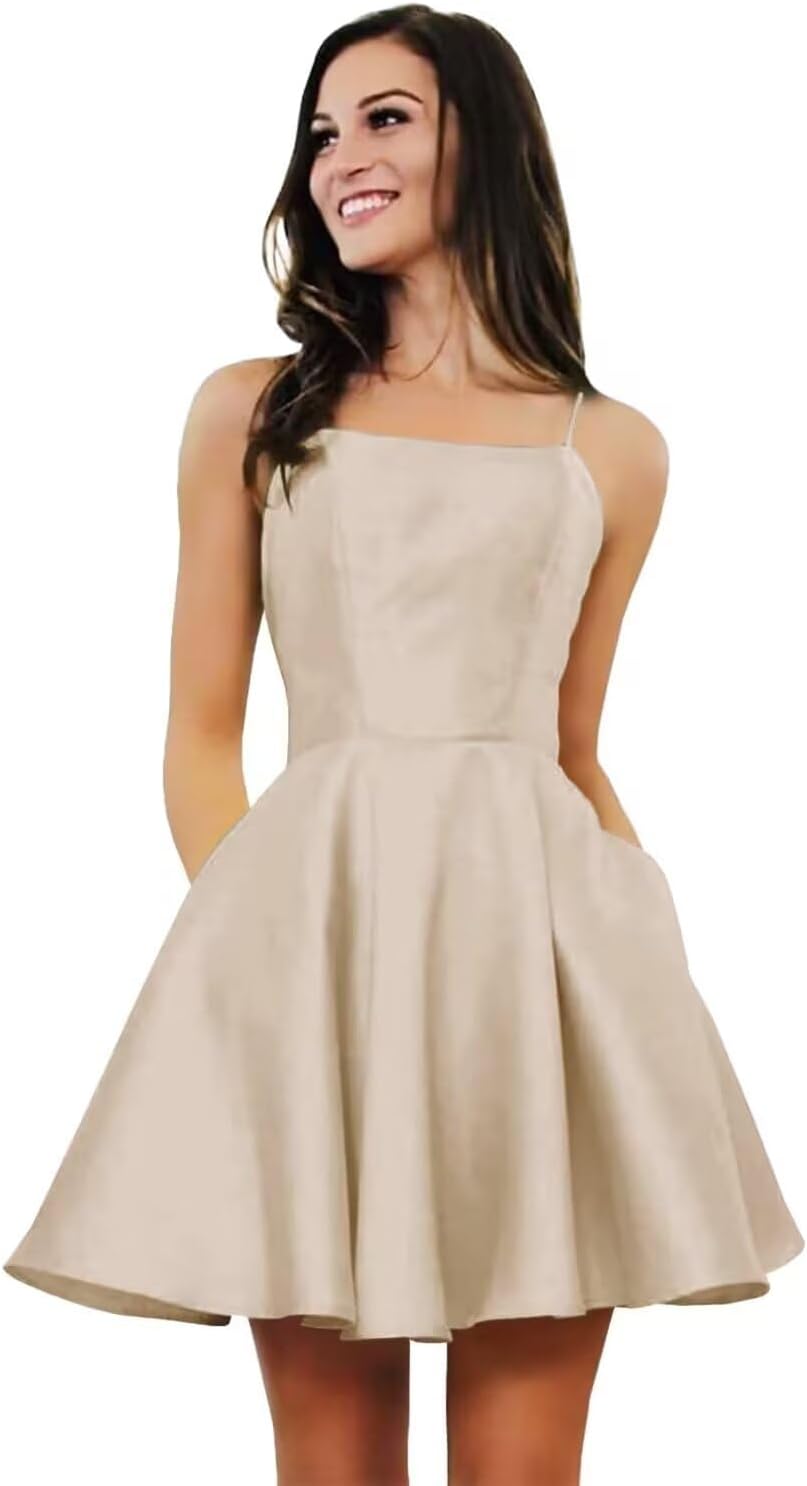 Satin Homecoming Dresses with Pockets for Teens 2024 Short Prom Dresses Cocktail Gowns