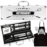 Retirement Gift for Men BBQ Grill Tools Set with Spatula Fork Tongs Brush Apron Heavy Duty Stainless Steel Grilling Accessories in Aluminum Case Retired Gifts for Dad Grandpa Coworker Teacher Boss