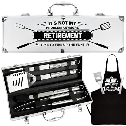 Retirement Gift for Men BBQ Grill Tools Set with Spatula Fork Tongs Brush Apron Heavy Duty Stainless...