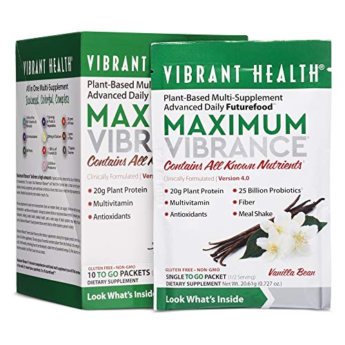 Vibrant Health - Maximum Vibrance, Plant-Based Meal Shake Rich with Vitamins, Minerals, Antioxidants, and Protein, Vegetarian, Non-GMO, Vanilla Bean, 10 Packets