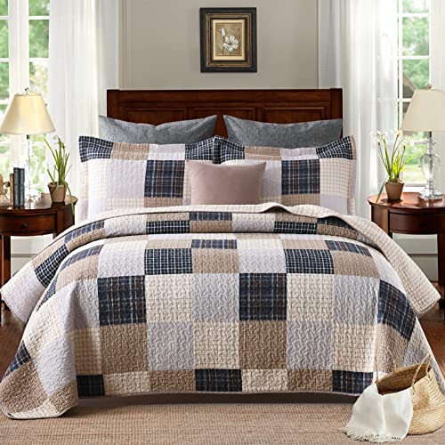 Image of PANGUSHAN Quilts Set King Size,100% Cotton Quilt,Patchwork Plaid King Quilt Bedding Set Bedspreads,Farmhouse Rustic Lightweight Comforter for King Bed,Cream /Brown /Blue-Black /Off-White Bed Spread
