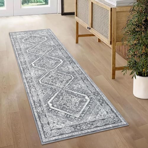 KUTA Oriental Washable Runner Rug, 2x5 Runners Non-Slip Vintage Grey 5ft Hallway Kitchen Rugs Ultra Soft Printed Distressed Tribal Farmhouse Carpet for Bedroom Entryway Decor