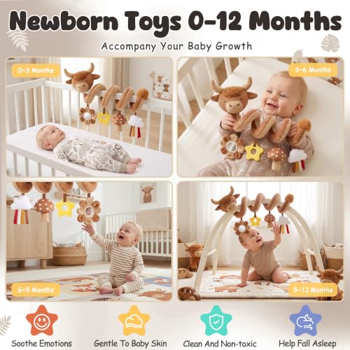 Image of Stuffed Highland Cow Spiral Car Seat Toys for Babies 0-3-6-12 Months, Infant Stroller Toy with Mushroom Pendant & Star Teether Hanging, Cute Baby Registry Search & Shower Gifts for Newborns