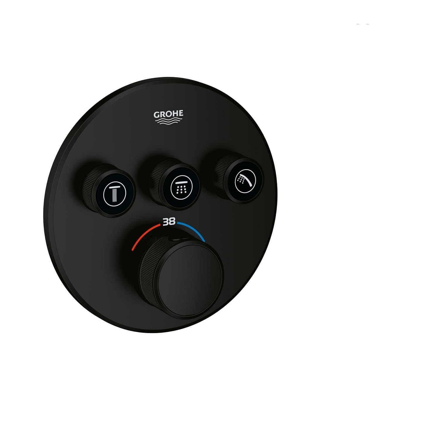 GROHE Grohtherm SmartControl - Termostato empotrado 3 válvulas (control pulsador, botón seguridad 38°C, sin cuerpo empotrado), diseño redondo, negro mate, 291212430