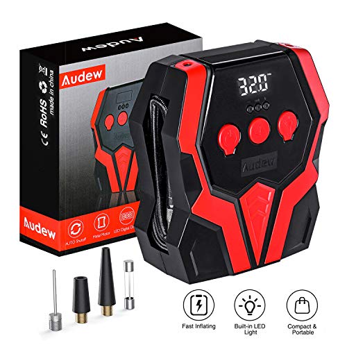Audew Air Compressor Tire Inflator - 12V DC Portable Wheel Air Pump for Car Tires - Digital Tire Air Pump with LED Lights Auto Shut Off, for Car, SUV, Pickup, Motorcycle, Sports Balls