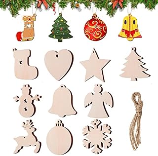 50 PCS Wooden Christmas Decorations Tree Hanging Ornaments with 50 PCS Twines,Wood Tags Ornaments Snowflake Star Sock Snowman Pendants for Christmas Tree Hanging Decor & Art Crafts DIY Gift