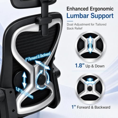 Image of Ergonomic Office Chair for Long Hours and Back Pain Relief, Space-Saving Design with Adjustable Lumbar Support, Flip-Up Arms, 3D Headrest, Tilt & Rock, 330 LBS, Black /Silver