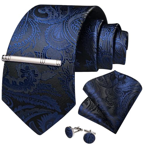 Image of DiBanGu Silk Floral Ties for Men Woven Paisley Necktie and Tie Clip Handkerchief Cufflinks Set for Party Wedding