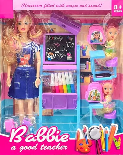 Image of SUPER TOY Folding Hands Teacher Doll Playset Toy with 2 Baby Doll Play Set for Kids Girls