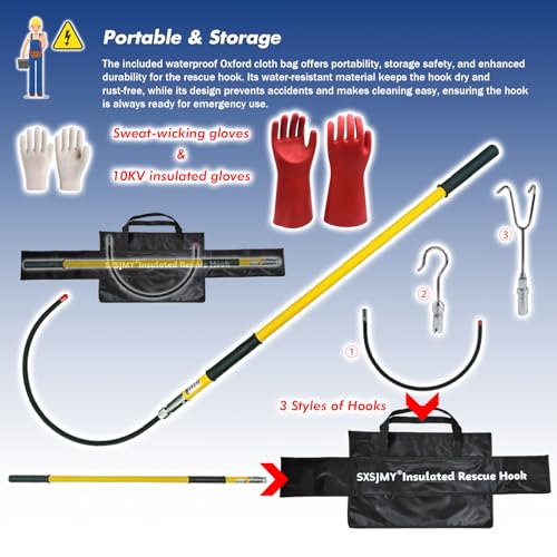 Image of 4FT Insulated Rescue Hook Withstand 35KV,UL-Certified Hotstick Rescue Hook | High Voltage Electrical Rescue Hook ASTM F711 Compliant Fiberglass Rescue Pole with 3 Style Hooks & 10KV Insulated Gloves