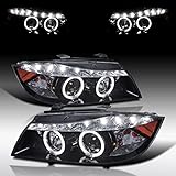 Autozensation Compatible with 2006-2008 BMW E90 3-Series 4 Door Sedan, Left + Right Pair Headlamps Assembly, Piano Black Projector Headlights + R8 LED Strip
