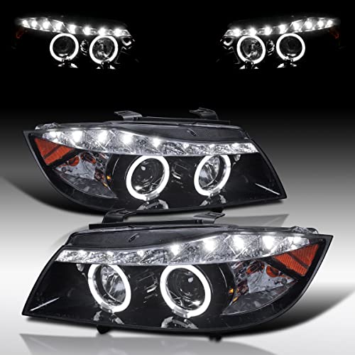 Autozensation Compatible with 2006-2008 BMW E90 3-Series 4 Door Sedan, Left + Right Pair Headlamps Assembly, Piano Black Projector Headlights + R8 LED Strip