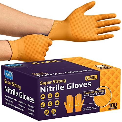 Inspire Heavy Duty Orange Nitrile Disposable Gloves | Ultra 8 Mil Gloves Diamond Textured For Secure Grip | Food Safe, Industrial Gloves Disposable Latex Free Mechanic Gloves | Nitrile Gloves #TOP1