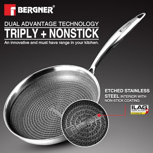 Image of BERGNER Hi-Tech Giro Triply 22cm Frypan with Glass Lid, Honeycomb Mesh Non-Stick Coating Inside, PFOA Free, Consumes Less Oil, Healthy Cooking, Even Heat Distribution - Induction and Gas Stove Ready