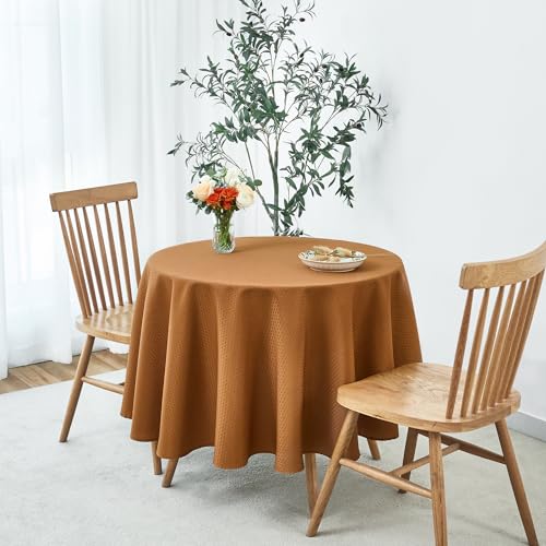 Image of maxmill Fall Tablecloth Weaved Texture Design Stain Resistant Waterproof Anti-Shrink Spillproof Washable Soft Table Cloth for Dining Room Harvest Thanksgiving Parties, Round 70 Inch, Amber